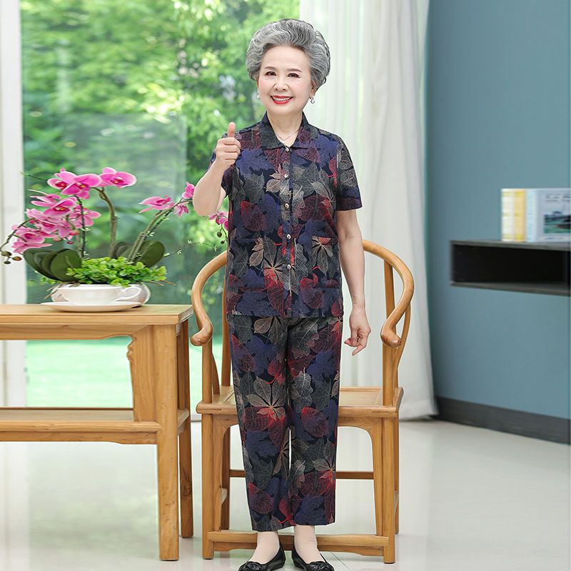 Middle-aged and elderly women's clothing mother suit summer grandma large size short-sleeved cotton silk elderly clothes and pants two-piece set
