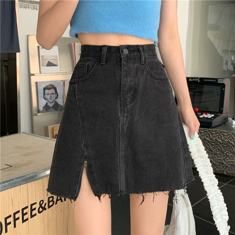 Summer new high waist denim short skirt female a word bag hip skirt irregular large size fat mm skirt
