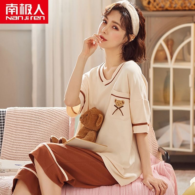 Pajamas women's summer cotton short-sleeved cropped pants thin section large size loose home service spring and summer two-piece suit