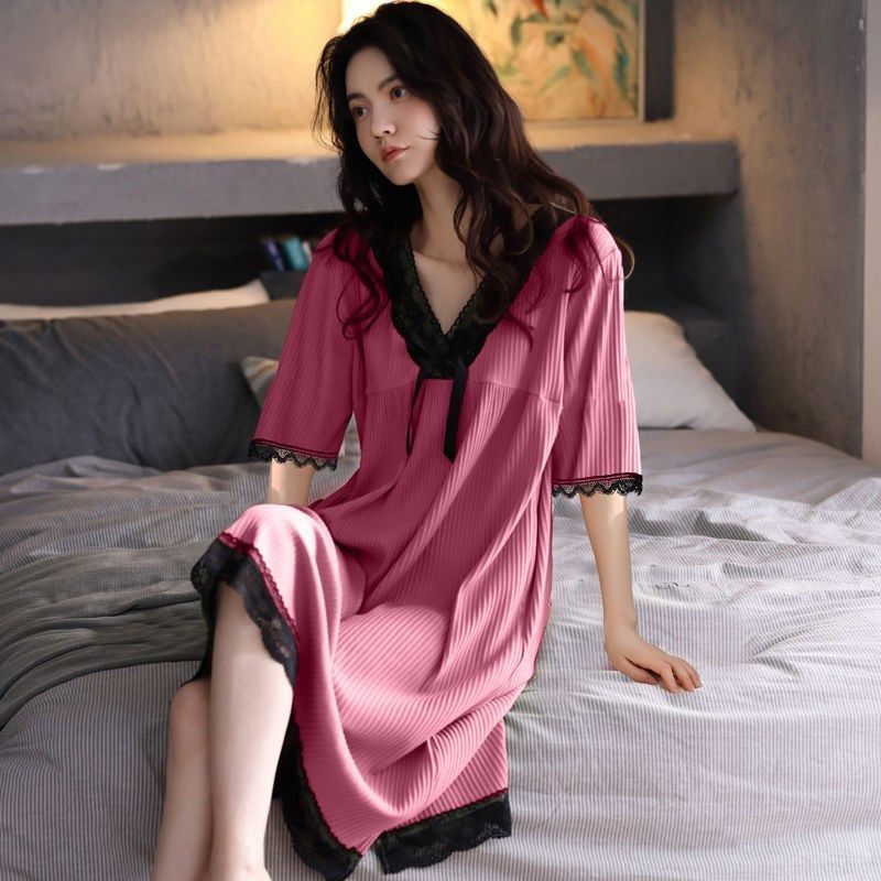 Modal cotton nightdress women's summer short-sleeved pajamas dress long section summer plus fat mother loose home service