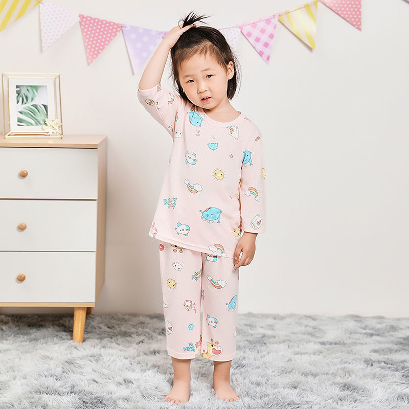 Girls' pajamas summer suit 2021 new small and medium-sized children's summer mid-sleeved air-conditioned clothes thin section male baby home clothes