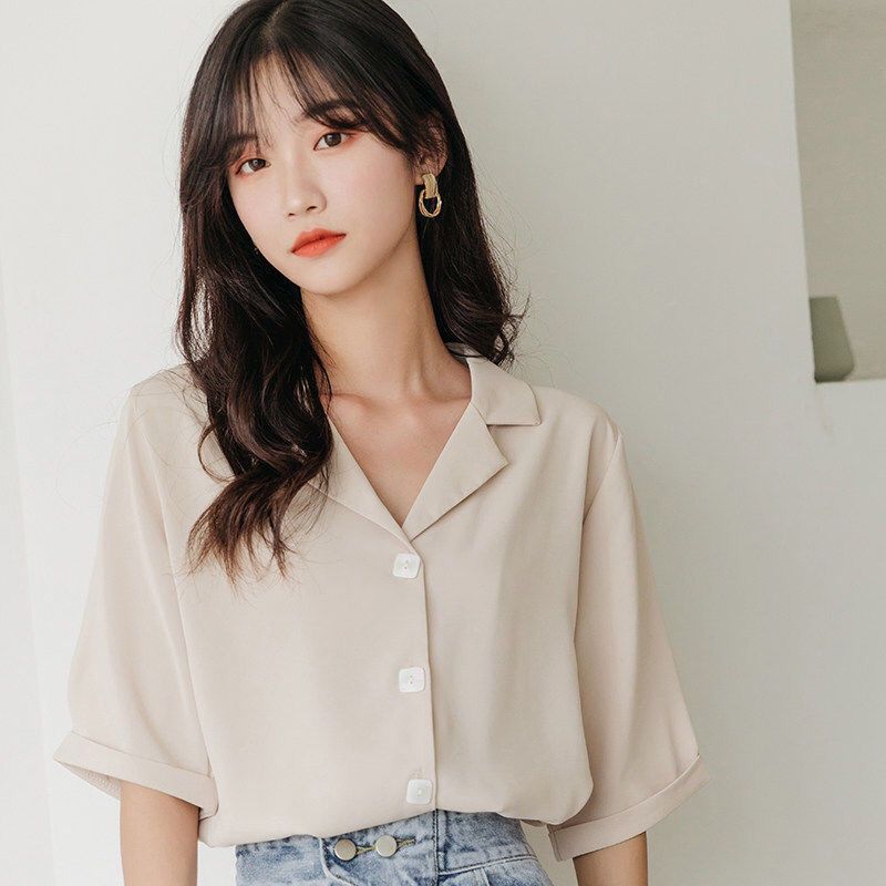 Hong Kong-style design sense suit collar professional casual short-sleeved shirt women's summer chiffon V-neck top loose all-match shirt