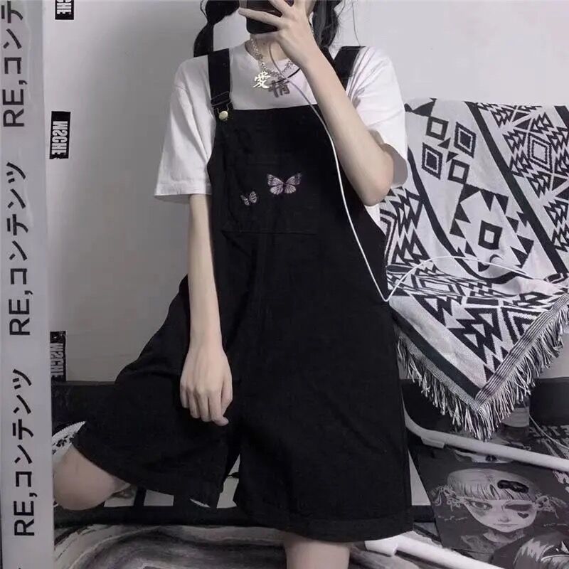 Korean version of INS Harajuku ghost Horse Series Butterfly embroidered cowboy suspenders female summer students' versatile thin shorts trend
