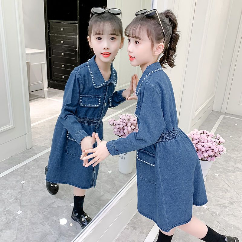 童装女童连衣裙韩版时髦牛仔长袖裙子新款中大童超洋气裙子潮