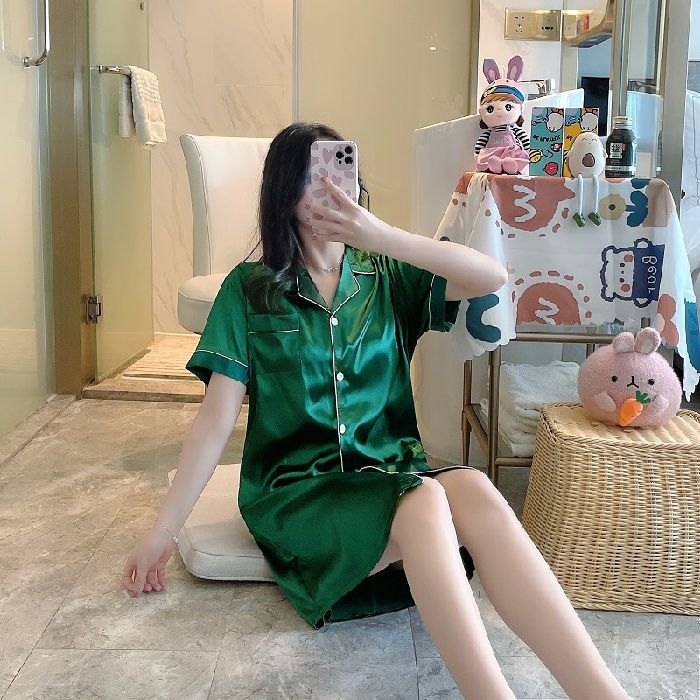 Summer nightdress female short-sleeved thin section sexy loose long cardigan nightgown solid color cute pajamas large size home service