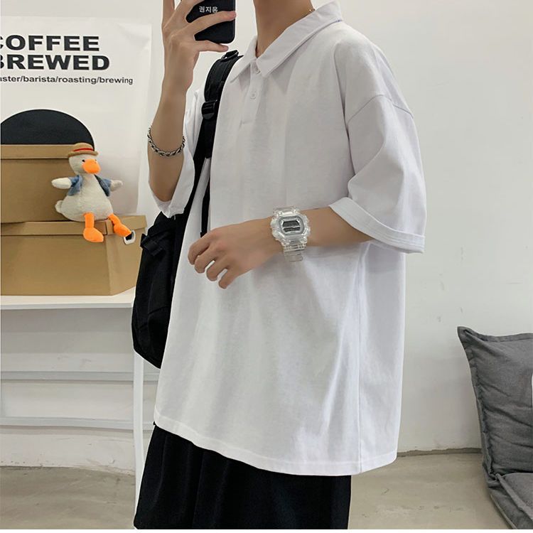Tide brand Hong Kong style Polo shirt male and female couple short-sleeved Japanese retro solid color collared loose ins lapel T-shirt student