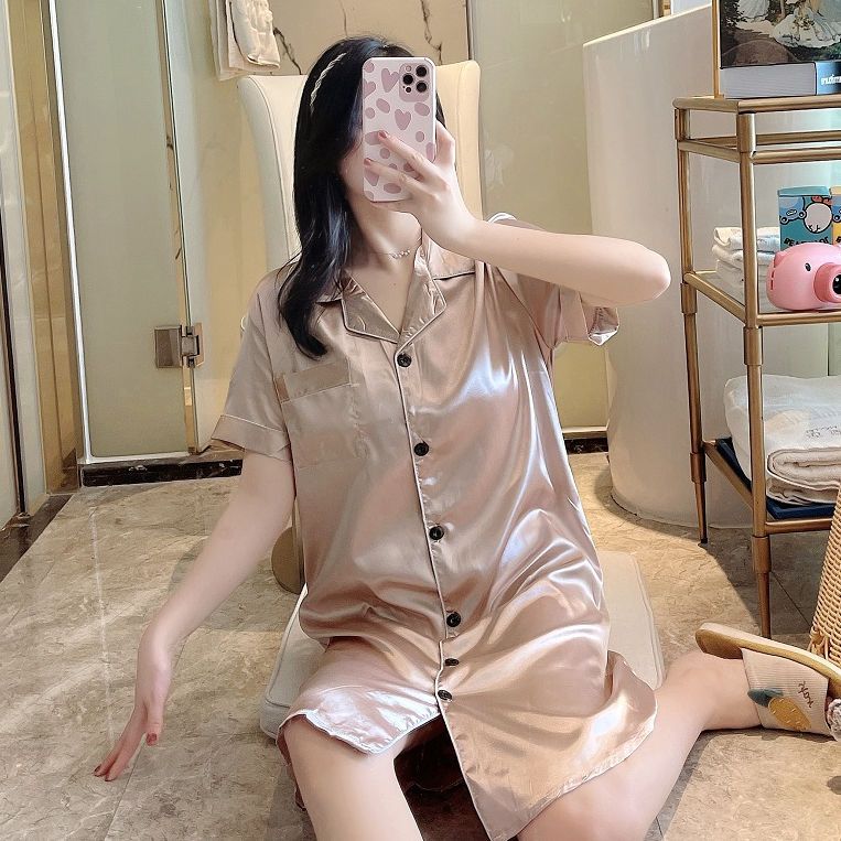 Summer nightdress female short-sleeved thin section sexy loose long cardigan nightgown solid color cute pajamas large size home service