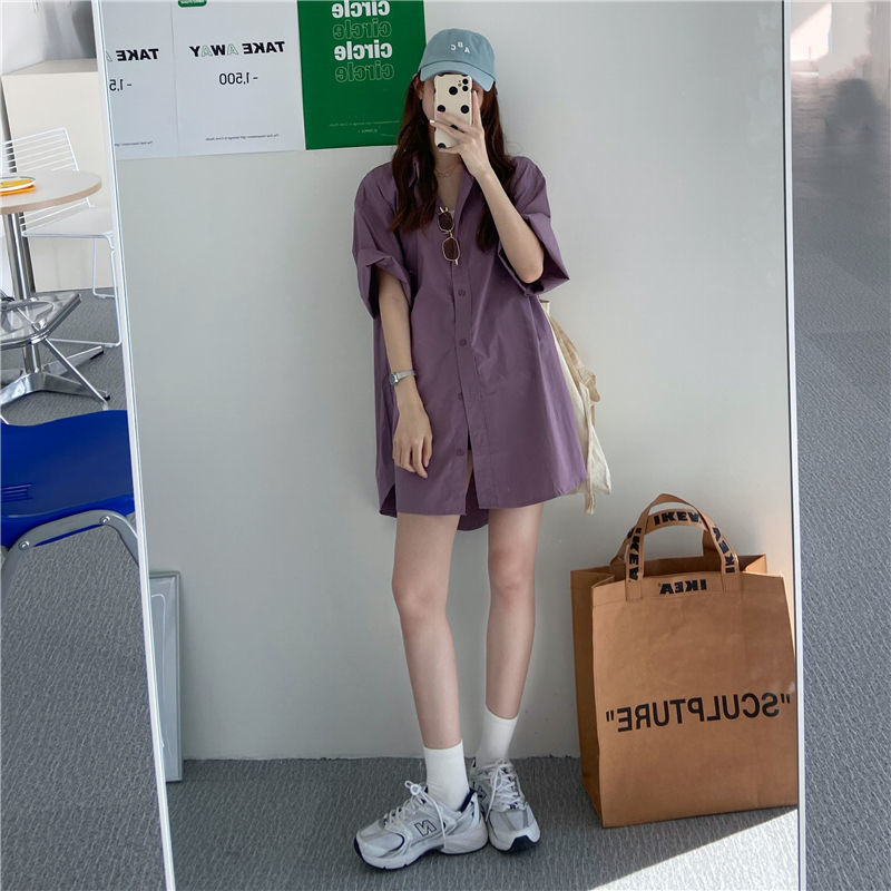 Purple short sleeve shirt women's design feeling retro Hong Kong flavor new summer long shirt loose clothes Japanese