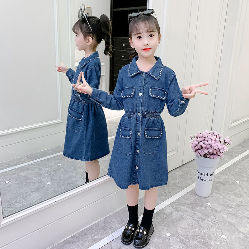 童装女童连衣裙韩版时髦牛仔长袖裙子新款中大童超洋气裙子潮