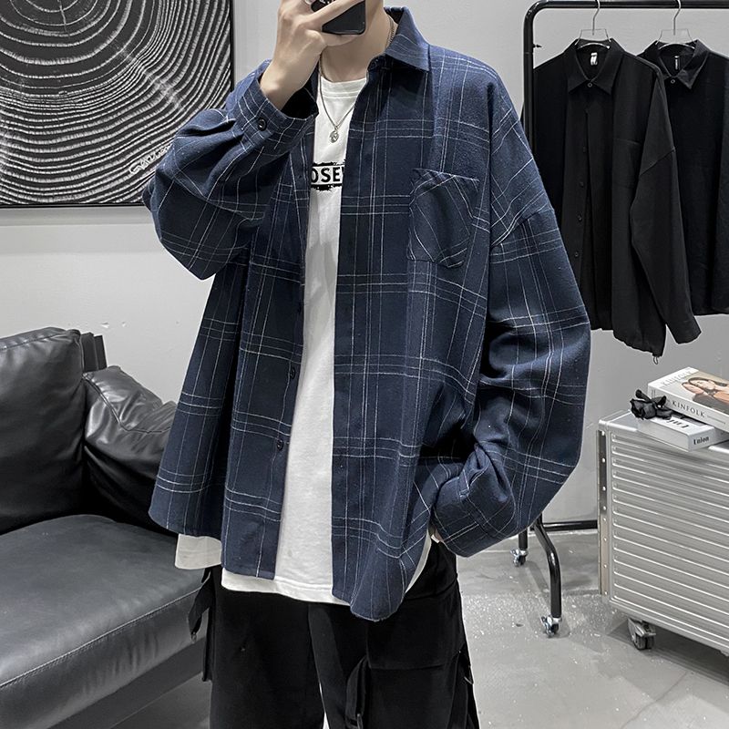 Men's shirts, men's trendy and handsome plaid shirts, summer men's long-sleeved jackets, spring and autumn boys' clothes