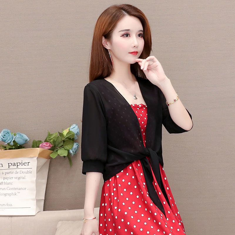 Shawl-style top women's summer all-match short chiffon sunscreen cardigan with thin foreign style jacket with skirt