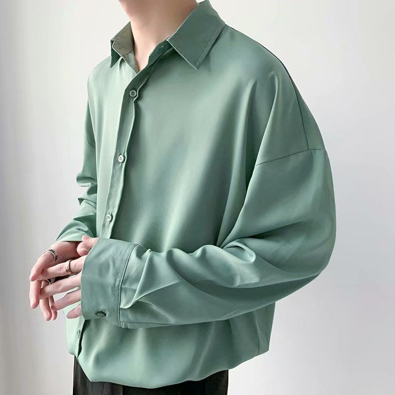禁欲系韩国气质复古垂感绿色白衬衫男女痞帅韩版宽松长袖衬衣制服