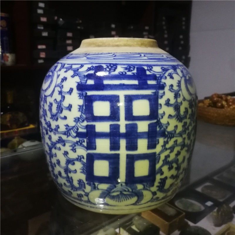 m871 发色雅致青花缠枝莲三喜大罐老喜字罐  老瓷器  老物件