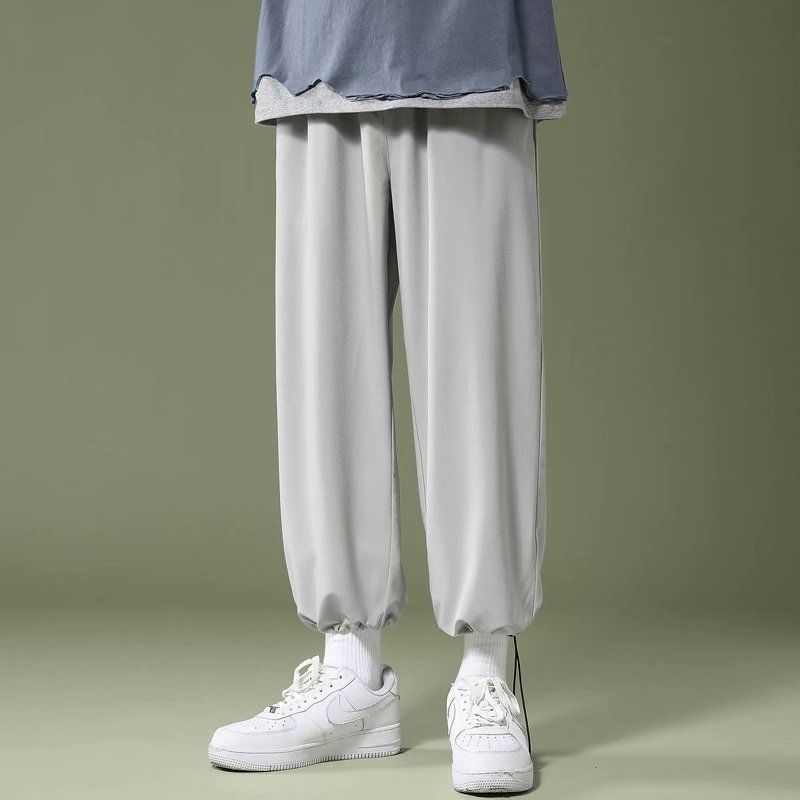 Summer thin men's ice silk pants, Korean style trendy casual pants, loose leggings, straight nine-point sports pants for men