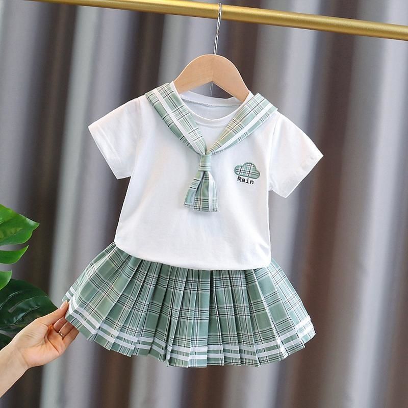 Girls' short-sleeved suit 2022 summer new foreign style jk uniform children's baby girl college style two-piece skirt set