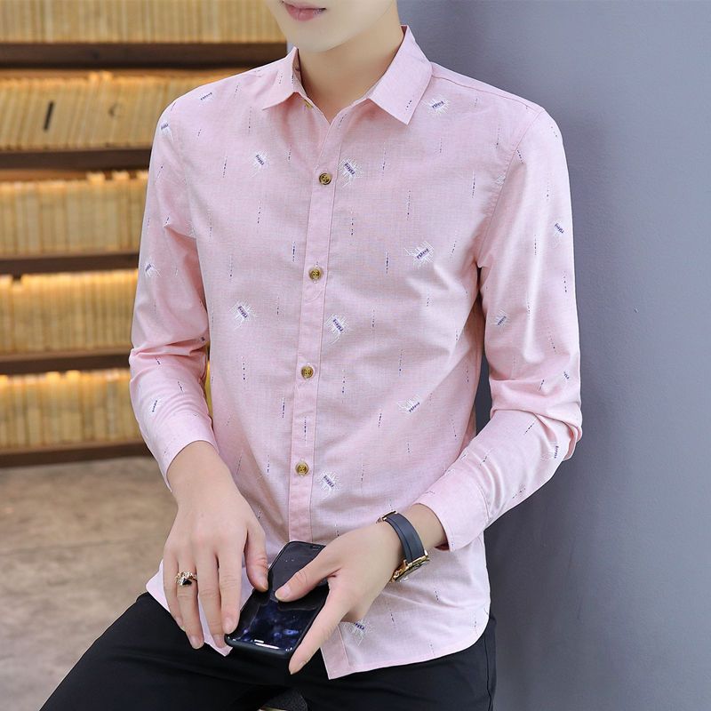  autumn long-sleeved shirt men's Korean style trendy printed pink shirt youth autumn clothes non-ironing inch shirt