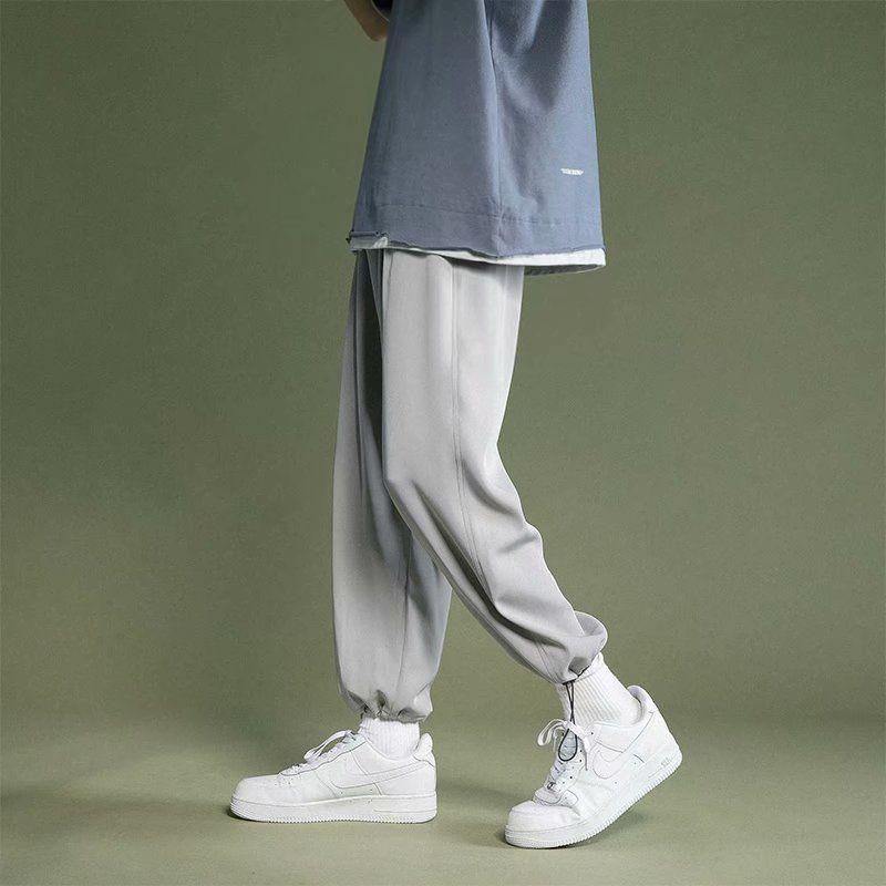 Summer thin men's ice silk pants, Korean style trendy casual pants, loose leggings, straight nine-point sports pants for men