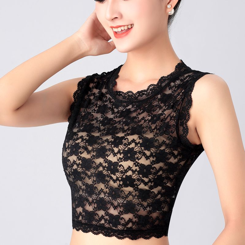 Joker lace bottoming shirt women's black and white crew neck vest short hollow sleeveless lace foreign style shirt