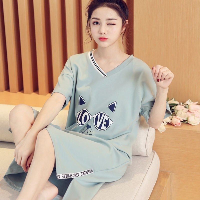 Cotton nightdress women's summer short-sleeved pajamas women's thin section summer student Korean cartoon loose large size home service