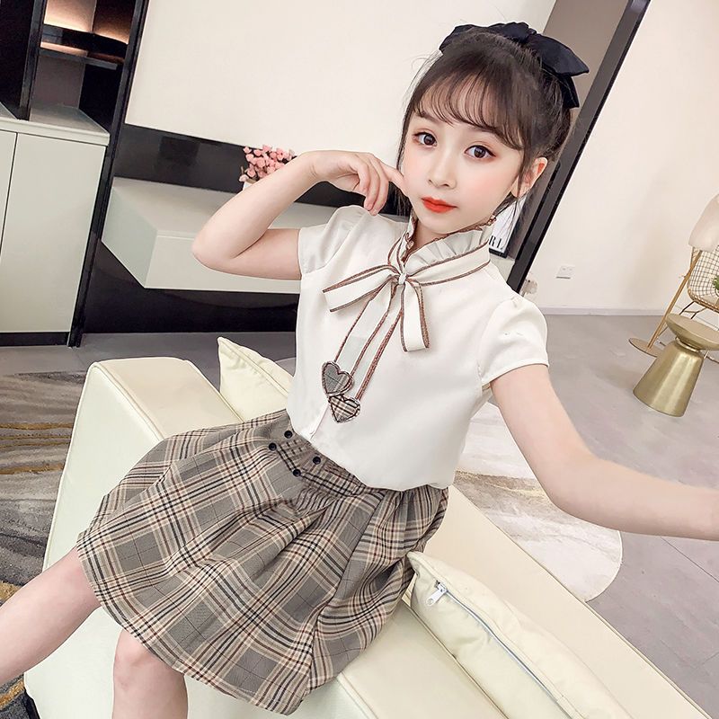 女童春秋套裝2022新款小女孩襯衫洋氣公主風百褶裙學院兩件套韓版