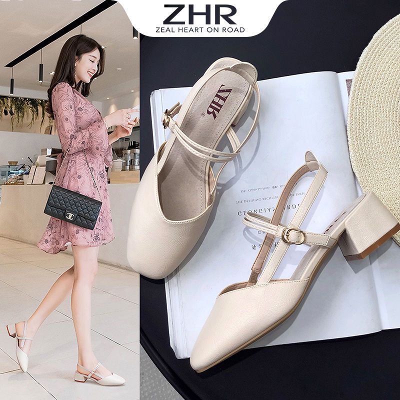 zhr仙女凉鞋女2021新款粗跟方头穆勒鞋玛丽珍鞋一字扣包头凉鞋女