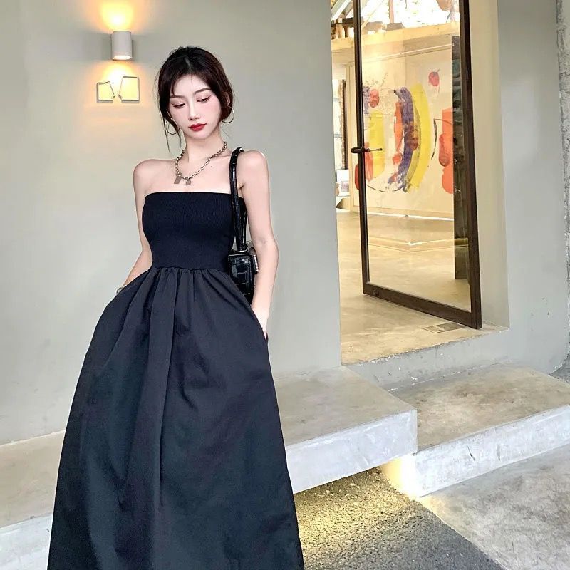 High waist thin tube top retro mid-length skirt women's summer temperament French new small a-line dress