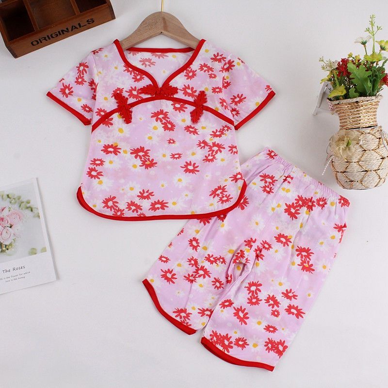 New children's pajamas women's summer thin cotton silk cropped pants home service Hanfu suit girls short-sleeved two-piece set