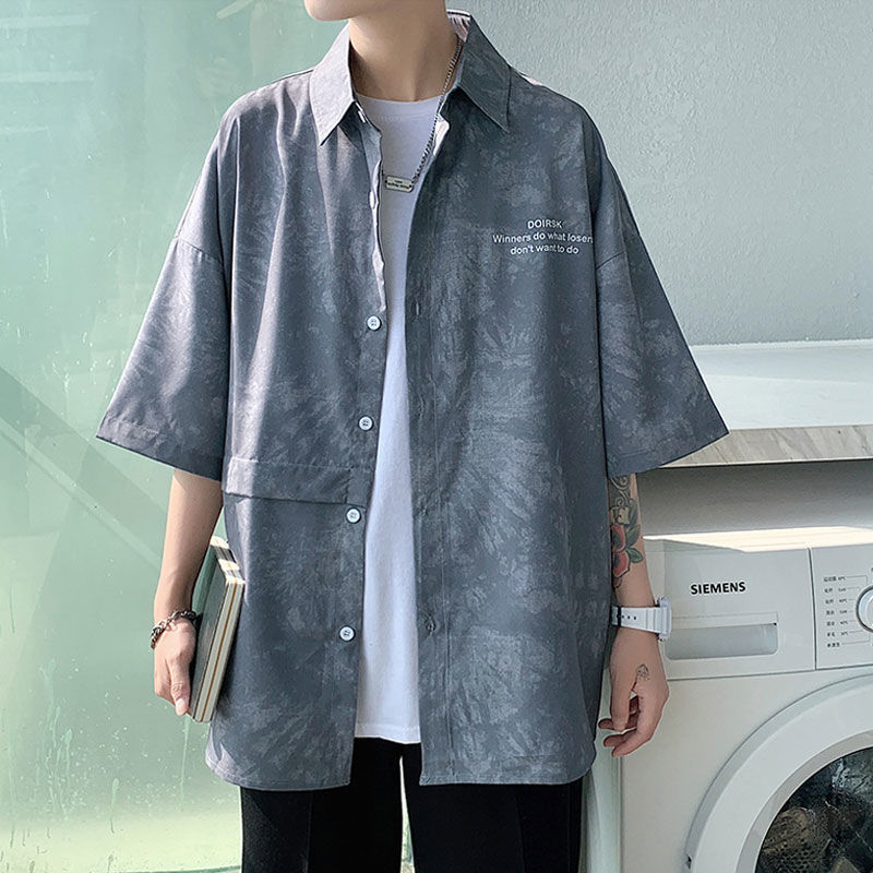 Tie-dye handsome short-sleeved shirt men's Hong Kong style Japanese style summer new five-quarter sleeve top Korean style trendy all-match jacket