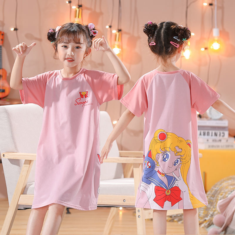 女童睡裙2021新款夏季纯棉短袖薄款儿童睡衣女网红可爱卡通家居服
