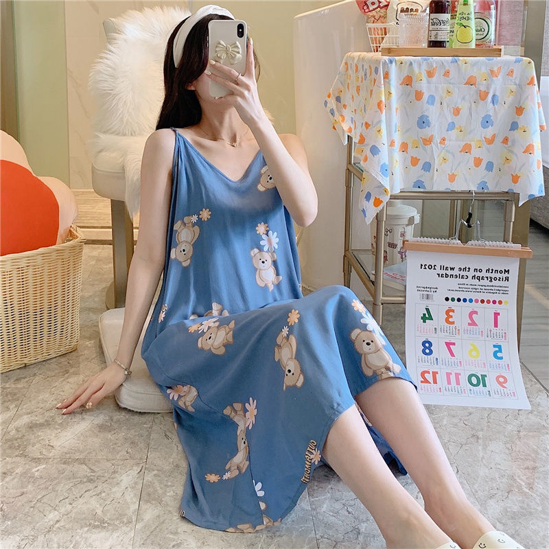 Suspender nightdress cotton silk women's spring and summer super long small Sexy Student sweet pajamas artificial cotton back home clothes