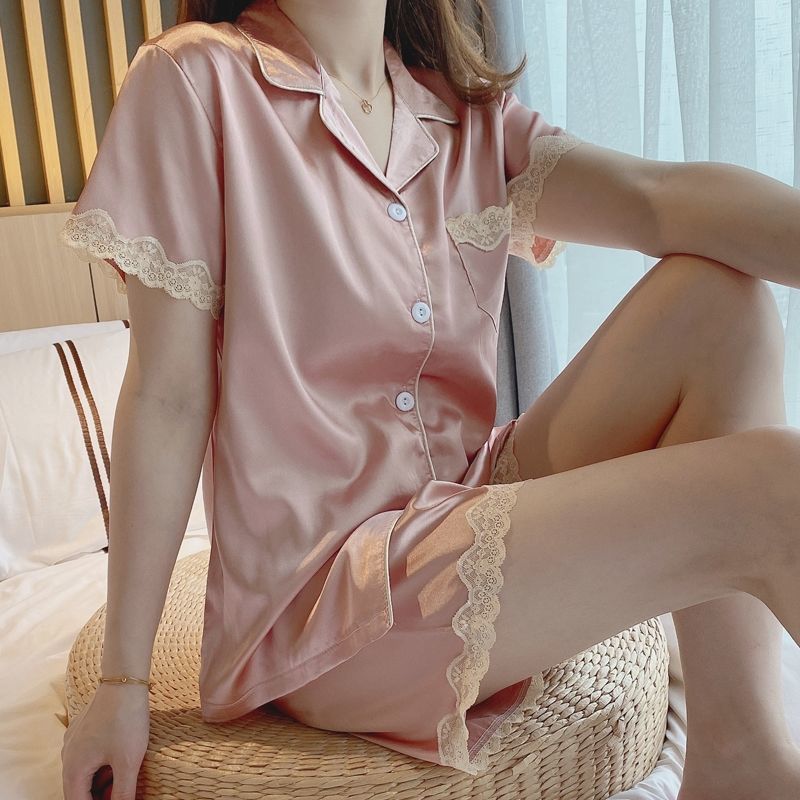 Ice silk pajamas women's summer short-sleeved thin section ins style new fashion simulation silk home service suit can be worn outside