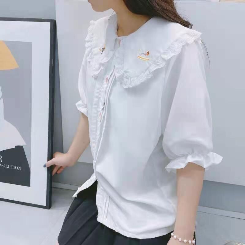 2021 Japanese soft girl cute bear lace doll collar shirt female student Korean version loose short-sleeved bottoming top