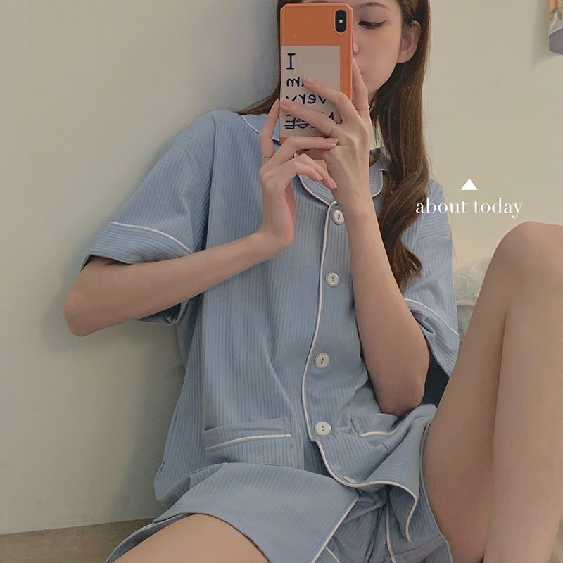 Korean ins net red pajamas girl summer short-sleeved blue casual simple can be worn outside home clothes two-piece suit