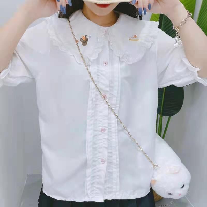 2021 Japanese soft girl cute bear lace doll collar shirt female student Korean version loose short-sleeved bottoming top