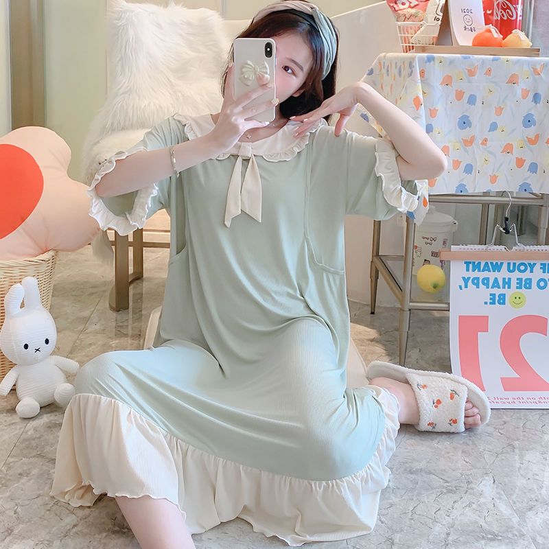 Cotton maternity nursing nightdress spring and summer short sleeved long skirt going out Maternity Skirt feeding clothes period home skirt