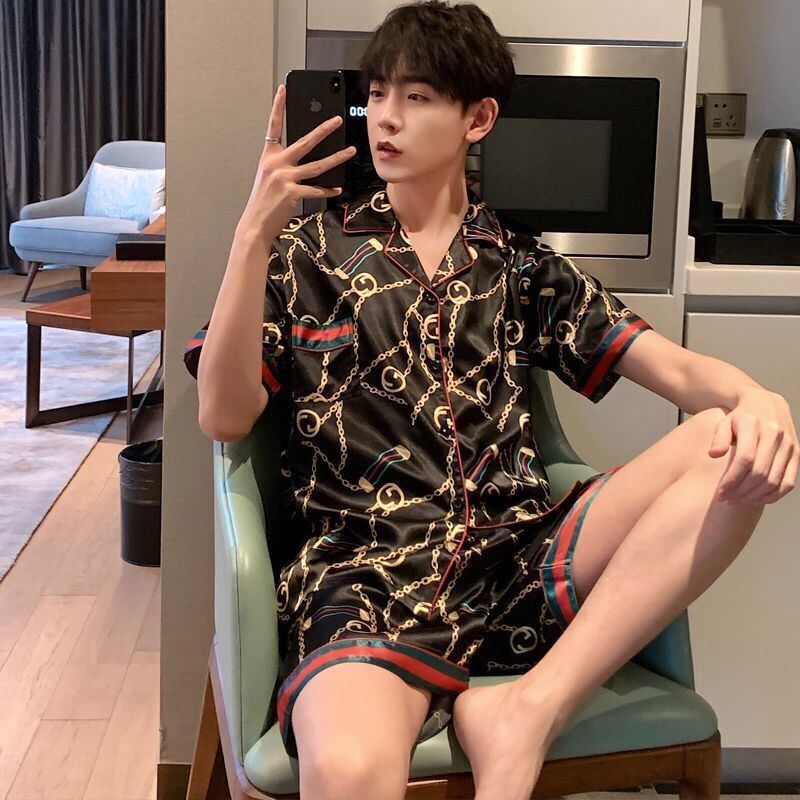 One Piece Ice Silk Short Sleeve Pajamas Men Summer  New Teen Thin Cartoon Boys Home Clothes