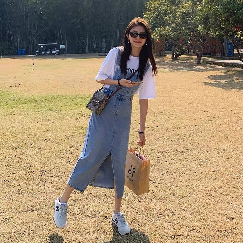 Summer slit denim suspender skirt for women new loose retro slim temperament internet celebrity mid-length suspender dress