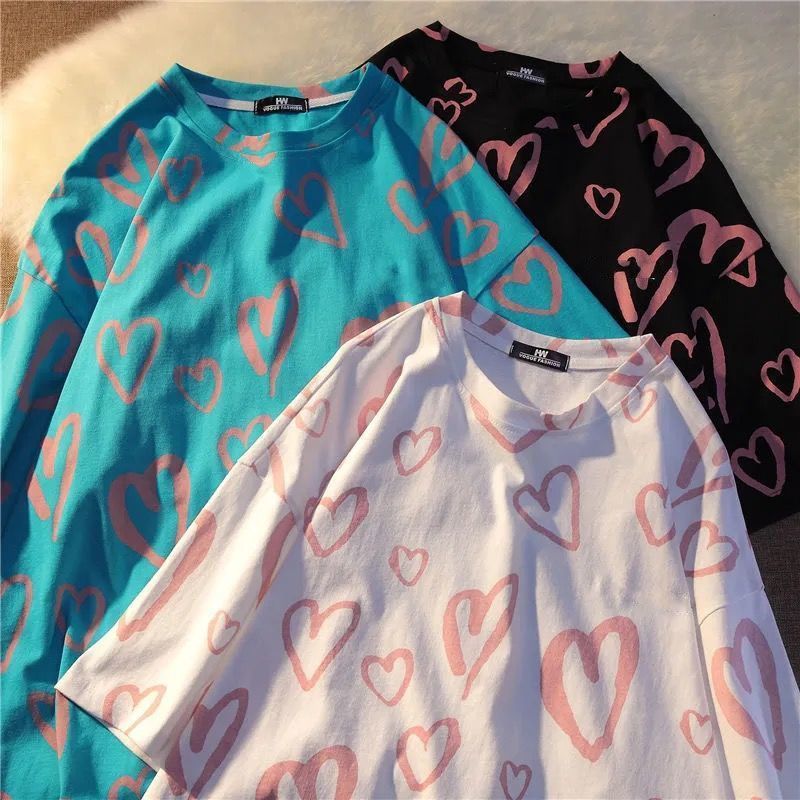  new love short-sleeved T-shirt summer Korean version loose and thin student niche design half-sleeved top clothes