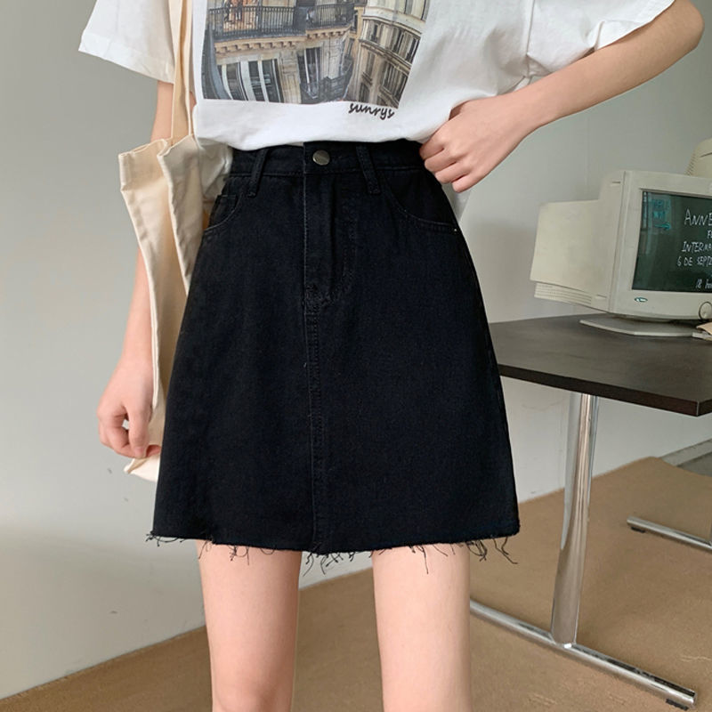 Summer 2021 new chic black high waist A-line skirt denim short skirt women's skirt slimming skirt