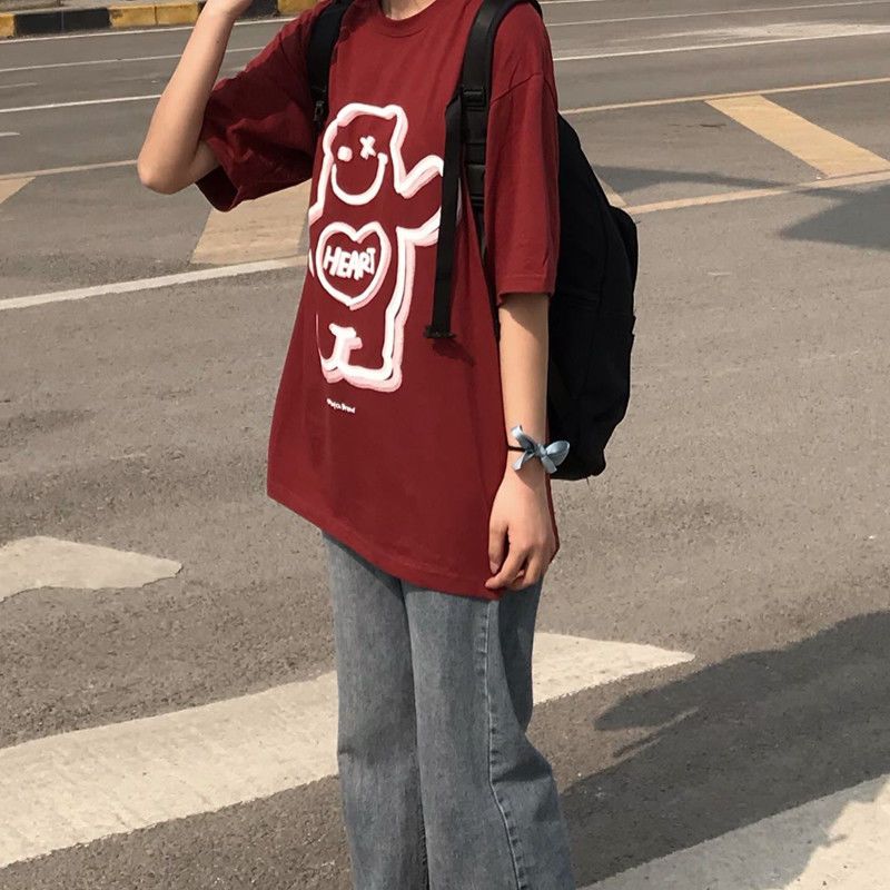 Hong Kong style bear tide brand short-sleeved t-shirt female loose Korean version ins tide Harajuku style high street hiphop red top clothes