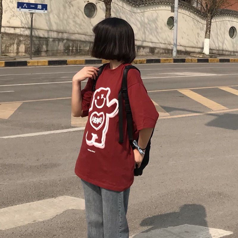 Hong Kong style bear tide brand short-sleeved t-shirt female loose Korean version ins tide Harajuku style high street hiphop red top clothes