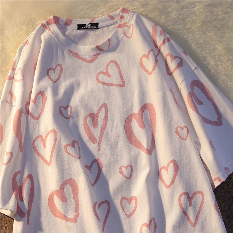  new love short-sleeved T-shirt summer Korean version loose and thin student niche design half-sleeved top clothes