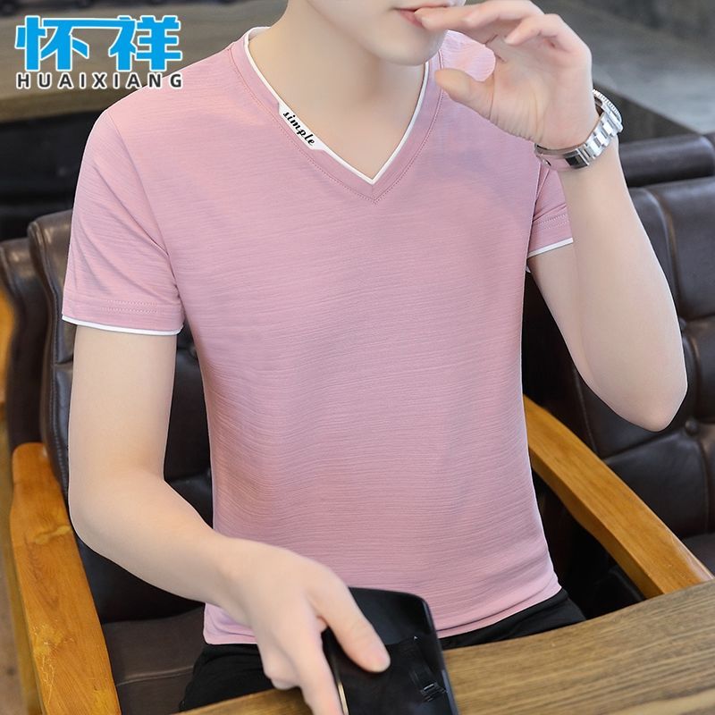 2023新款冰絲t恤男短袖V領男裝上衣服純棉半袖潮牌男生夏天體恤衫