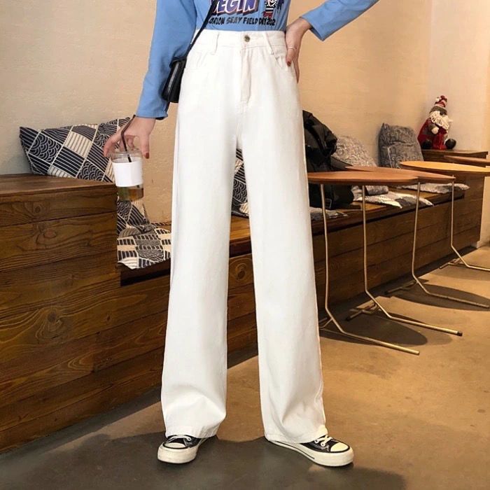 Small 150cm Korean version retro loose all-match white wide-leg pants women's high waist slim straight jeans