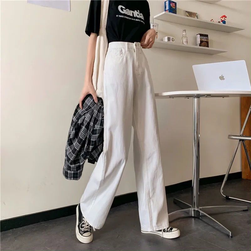 Small 150cm Korean version retro loose all-match white wide-leg pants women's high waist slim straight jeans