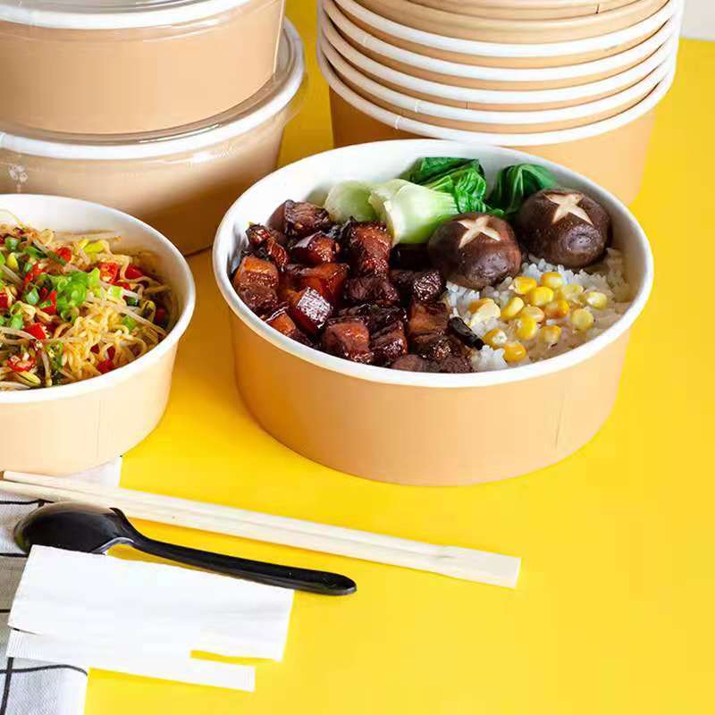 圆形一次性打包盒牛皮纸餐盒加厚环保外卖饭盒快餐便当盒纸碗带盖 虎窝拼