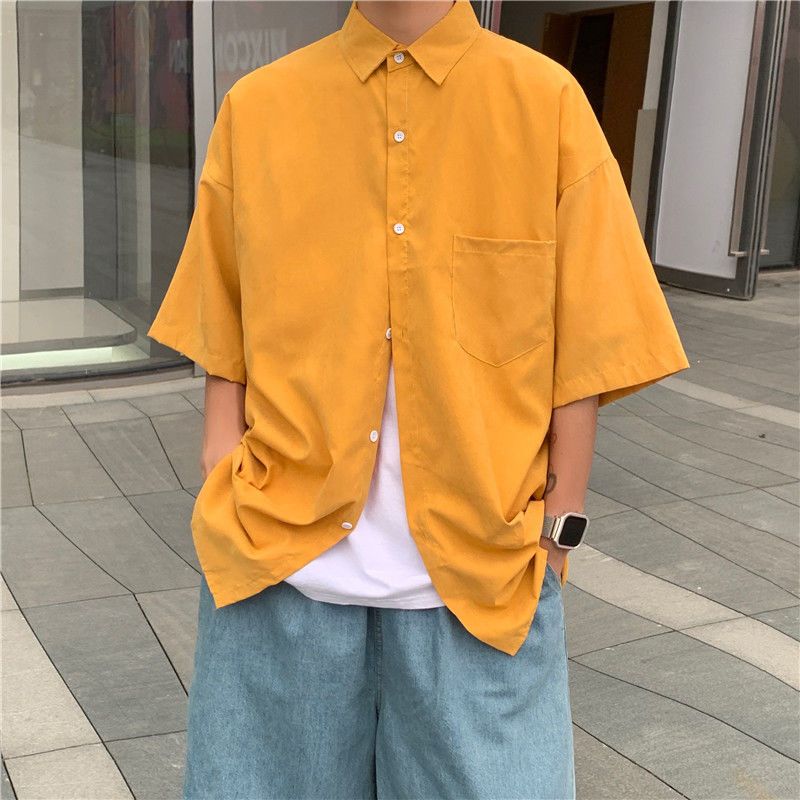 Short-sleeved shirt men's Hong Kong style Japanese handsome casual shirt summer new inch shirt solid color lazy style short-sleeved jacket