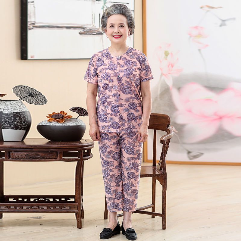 Grandma's summer clothes, elastic short-sleeved two-piece suit, middle-aged and elderly women's clothes, mothers, 60 years old and 70 years old, summer clothes, women