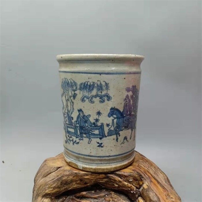 明代 青花人物笔筒一对 古玩古董保真瓷器 老货旧货精品收藏摆件