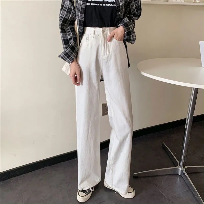 Small 150cm Korean version retro loose all-match white wide-leg pants women's high waist slim straight jeans